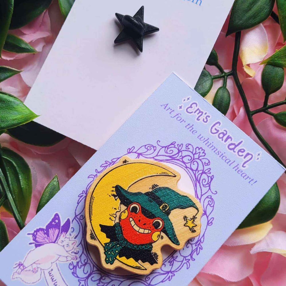 Image of Retro Froggy Witch Wooden Art Pin