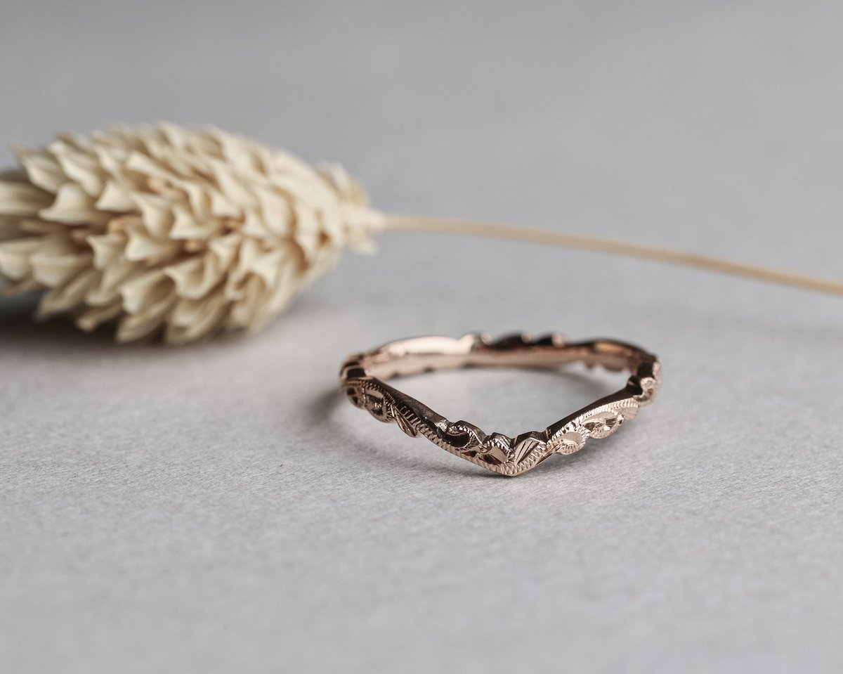 Image of 18ct rose gold 2mm floral carved wishbone ring
