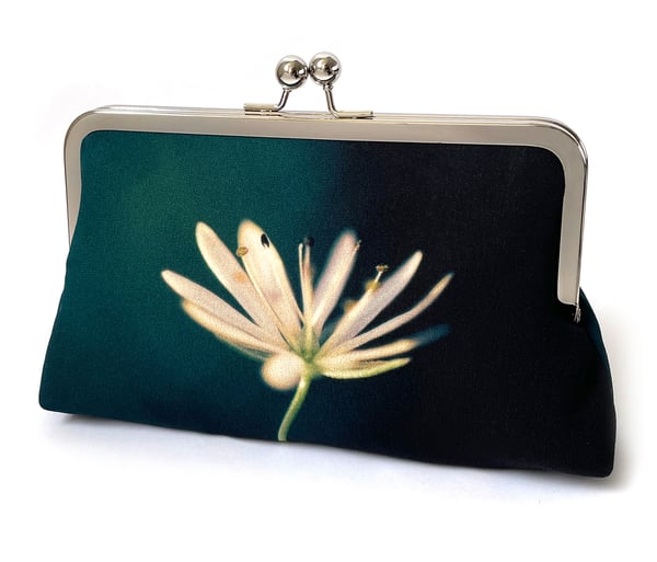 Image of Stitchwort flower, printed silk clutch bag with chain handle