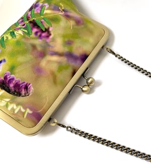 Image of Vetch wildflowers, printed silk clutch bag with chain handle