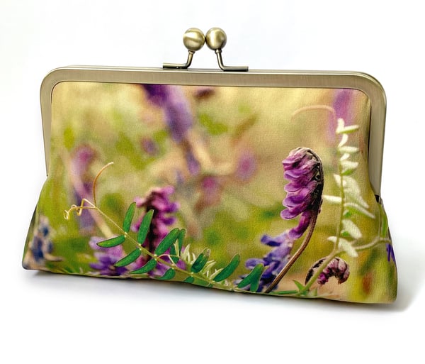 Image of Vetch wildflowers, printed silk clutch bag with chain handle