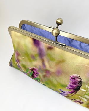 Image of Vetch wildflowers, printed silk clutch bag with chain handle