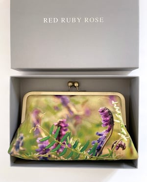 Image of Vetch wildflowers, printed silk clutch bag with chain handle