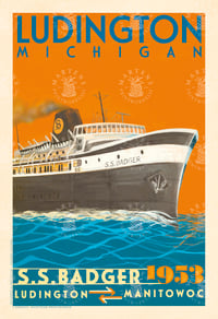 Badger Car Ferry-Maiden Voyage Ludington Michigan Vintage Style Travel Art | Print No 127