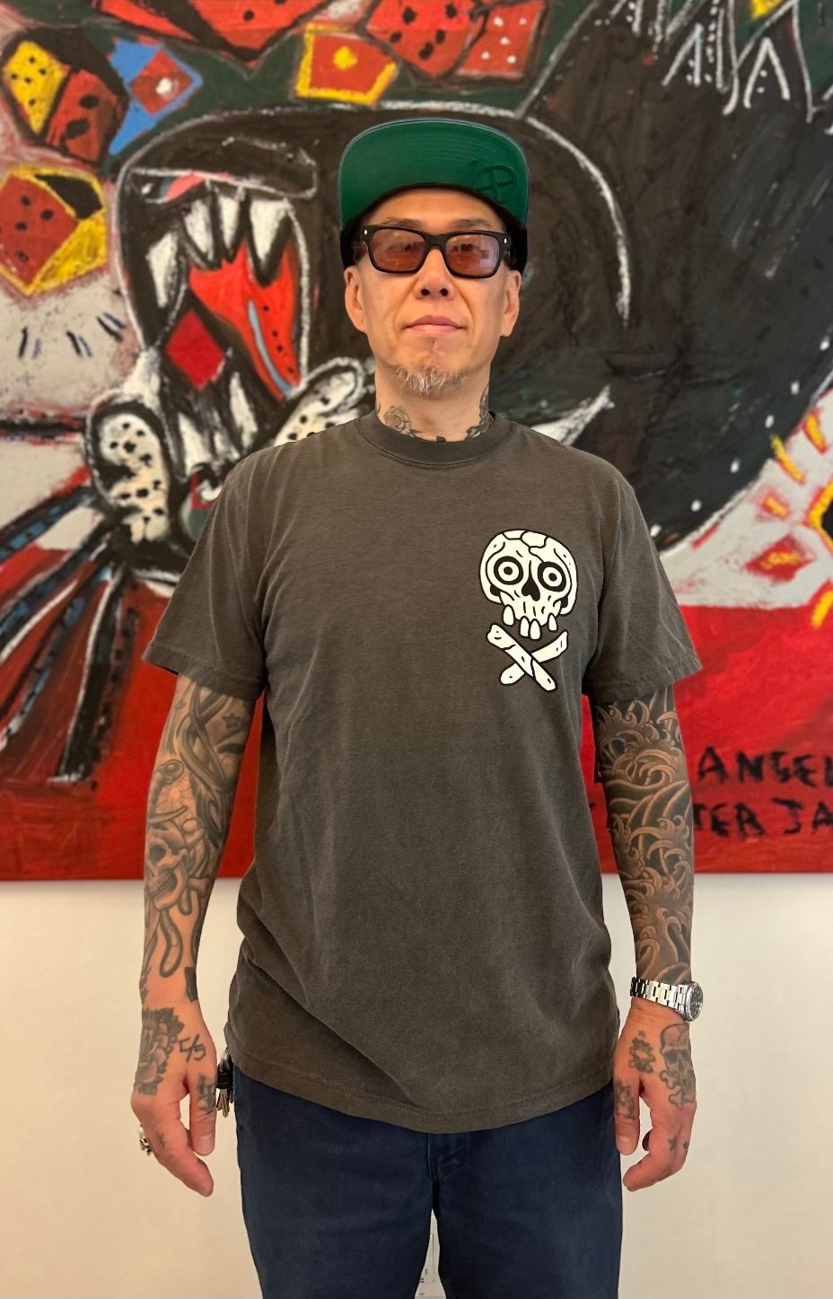 White skulls on vintage black t-shirt 