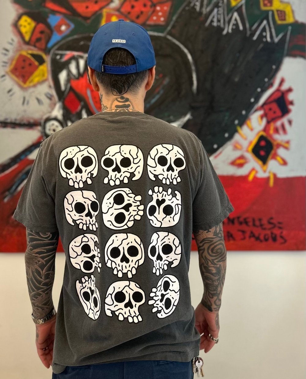 White skulls on vintage black t-shirt 