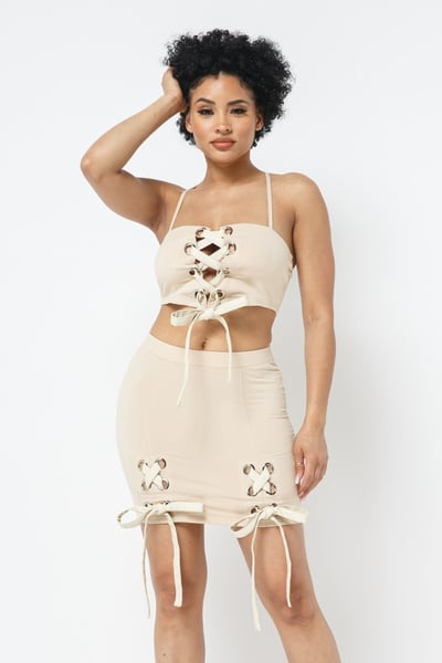 Image of 3PACK STRAPPY LACE-UP SKIRT SET 2-PIECE SET-NUDE 