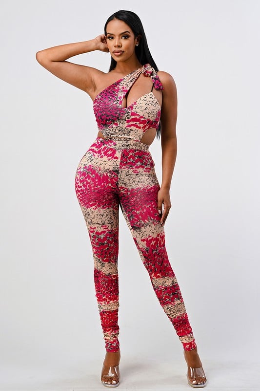 Image of 3PACK PINK ANIMLA PRINTED ONE-SHOULDER JUMPSUIT 