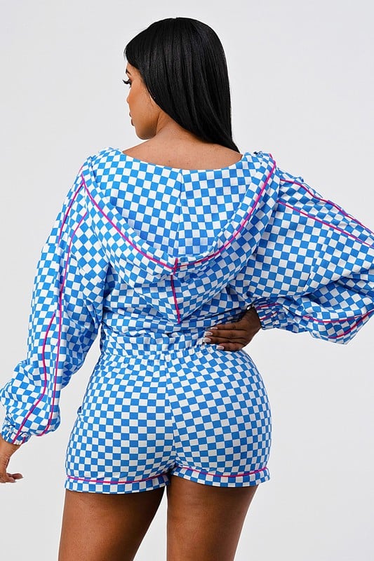 Image of 3PACK HOODED CHECKERED ROMPER-BLUE/WHITE