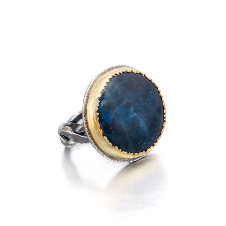Image of moody blues kyanite and 18k gold and oxidized silver ring