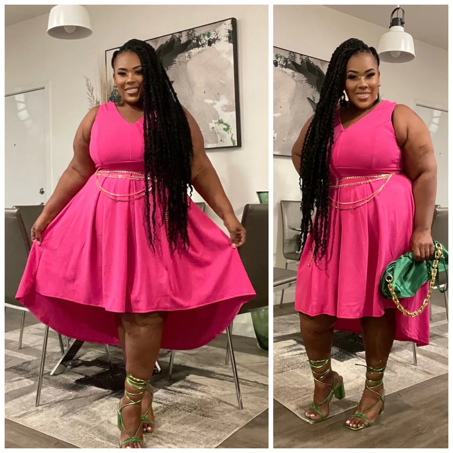 Image of 3PACK PLUS SIZE SLEEVELESS V-NECK HIGH-LOW DRESS-FUSCHIA