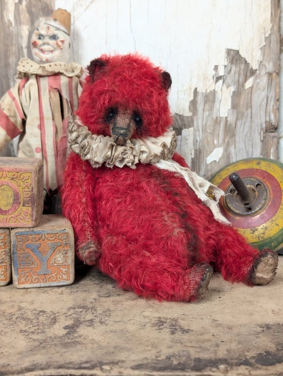 Image of 9"  Vintage style RED MOHAIR fat Teddy Bear w/ antique brooch charm by whendi's bears