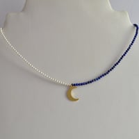 Image 1 of Pearl and Lapiz Tiny Gem Necklace with Gold Moon