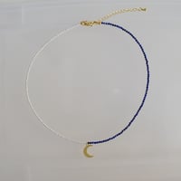 Image 3 of Pearl and Lapiz Tiny Gem Necklace with Gold Moon
