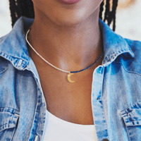 Image 2 of Pearl and Lapiz Tiny Gem Necklace with Gold Moon