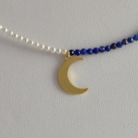 Image 4 of Pearl and Lapiz Tiny Gem Necklace with Gold Moon