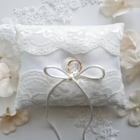 Image 1 of Elegant White Satin Ring Bearer Pillow with Lace Detail