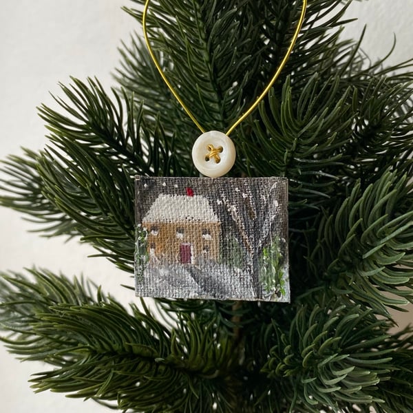 Image of Winter landscape with red door house - miniature painting 