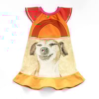 Image 1 of blissed out puppy pup dog orange gold  2T courtneycourtney flutter sleeve dress ricrac 