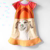 Image 2 of blissed out puppy pup dog orange gold  2T courtneycourtney flutter sleeve dress ricrac 