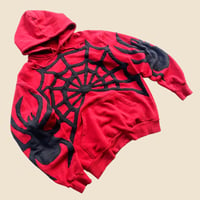 Image 2 of REWORKED SPIDERWEB CUT & SEWN RED HOODIE SIZE M