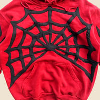 Image 3 of REWORKED SPIDERWEB CUT & SEWN RED HOODIE SIZE M