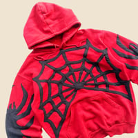 Image 4 of REWORKED SPIDERWEB CUT & SEWN RED HOODIE SIZE M