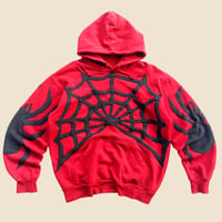 Image 1 of REWORKED SPIDERWEB CUT & SEWN RED HOODIE SIZE M