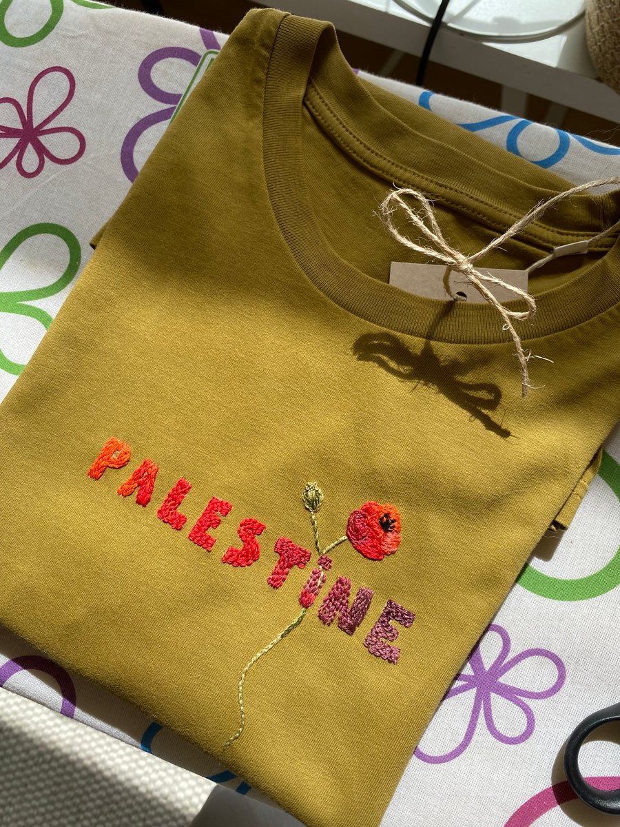 Image of Palestine - Original hand embroidery on a customized tshirt, available in all sizes and colors