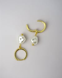 Image 2 of Pearl Drop Huggie Hoops in Gold