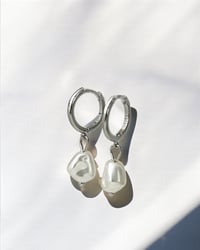 Image 3 of Pearl Drop Huggie Hoops in Silver