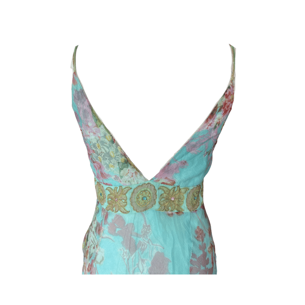 Image of TURQUOISE SILK BEADED RUFFLE DRESS 