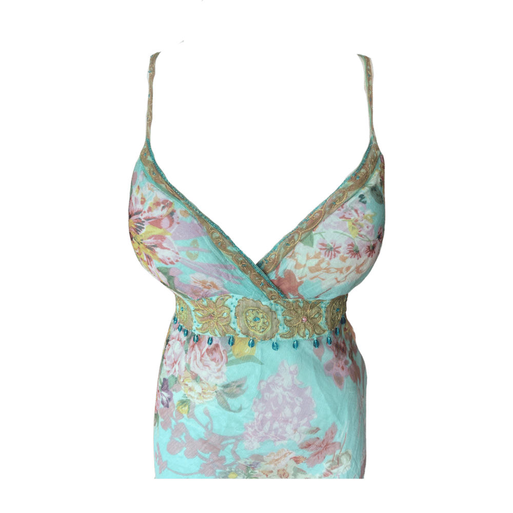 Image of TURQUOISE SILK BEADED RUFFLE DRESS 