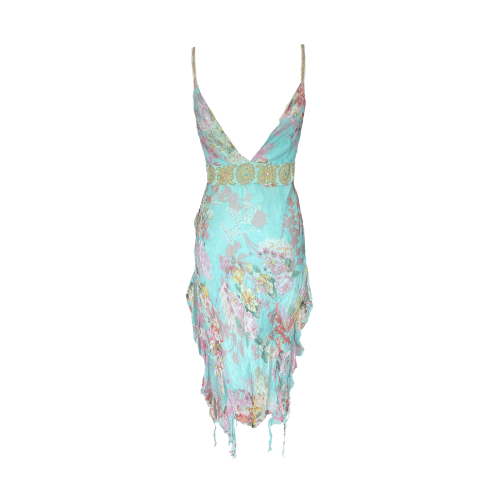 Image of TURQUOISE SILK BEADED RUFFLE DRESS 