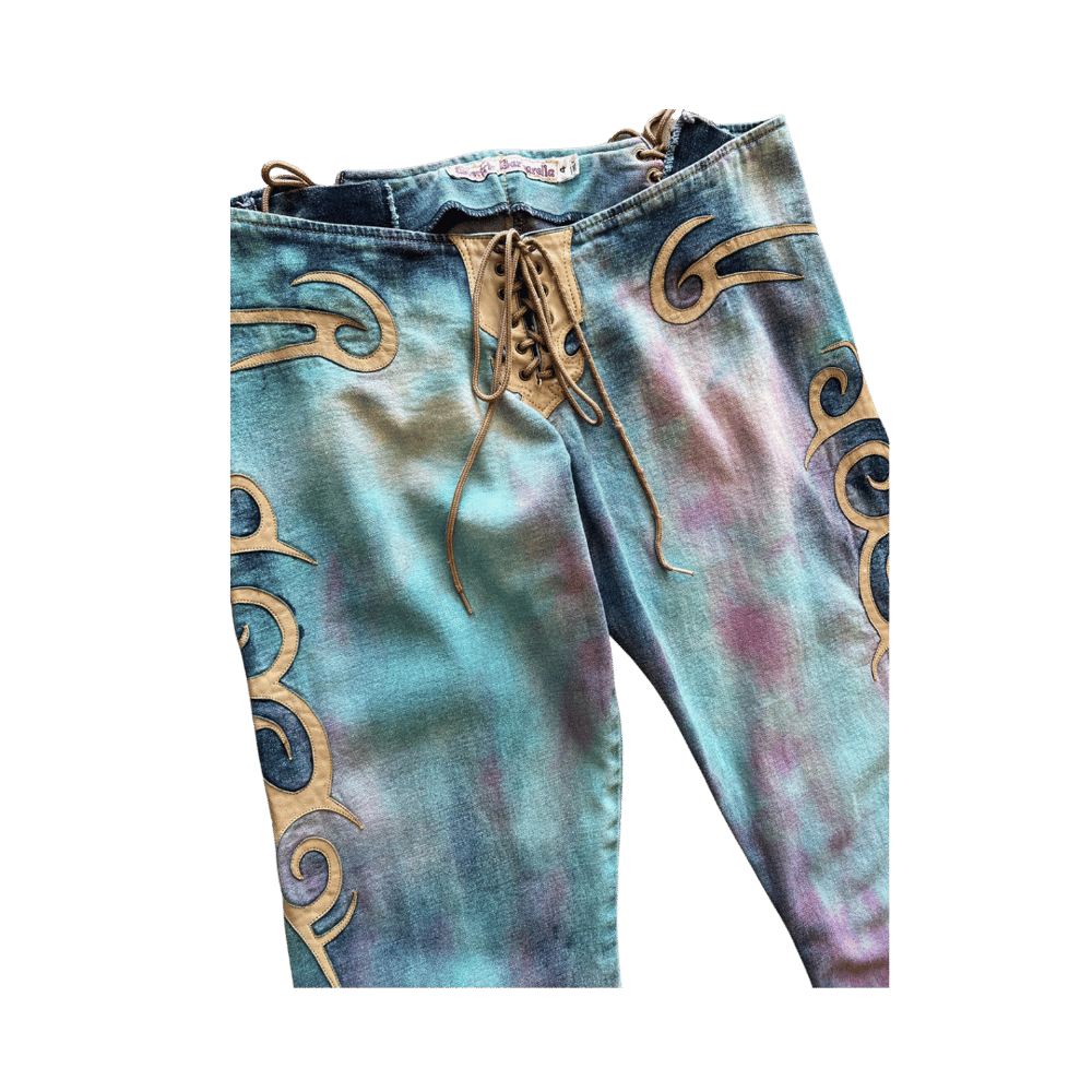 Image of ELECTRIC BARBARELLA LOW RISE Y2K LEATHER TRIM JEANS
