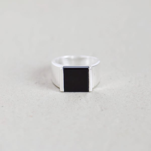 Image of Black Agate square flat cut wide band silver ring