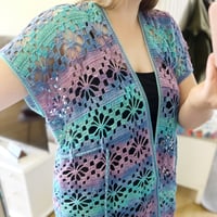 Image 1 of Crochet Floral Kimono in Blue, Purple and Pink Colors, Oversized for M/L