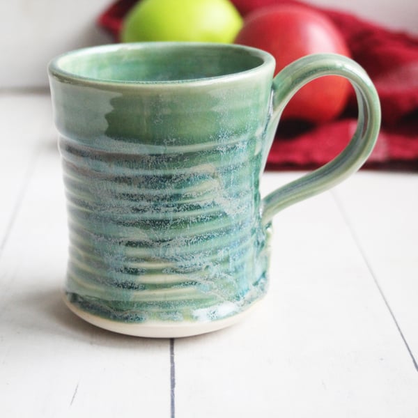 Image of Crackle Green Pottery Mug, Shimmering Glaze Handmade Coffee Cup, Made in USA