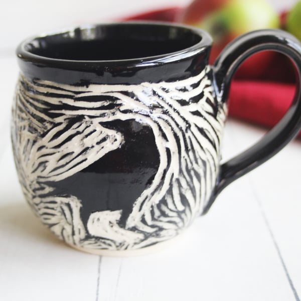 Image of Black Crow Sgraffito Mug, Hand Carved Raven Coffee Cup, 13 oz., Made in USA