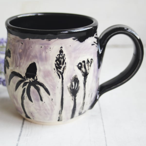 Image of Sgraffito Wild Flower Mug, Hand Carved Botanical Design Specialty Art Mug, Made in USA