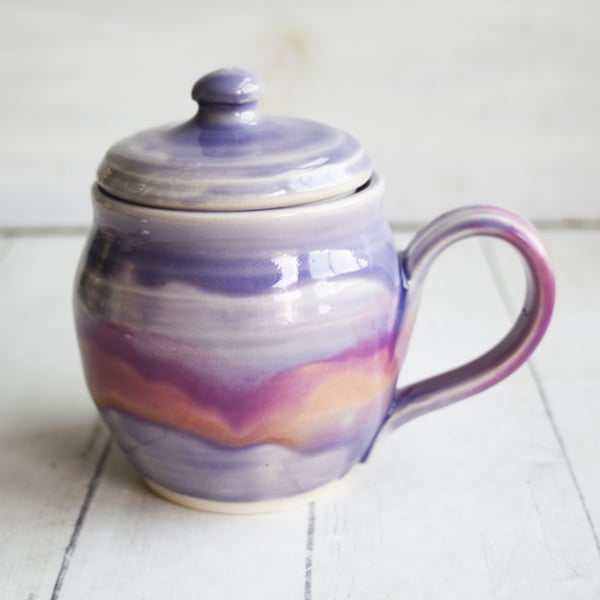 Image of Cheerful Mug with Warming Lid, Shades of Purple Pottery Mug, Made in USA