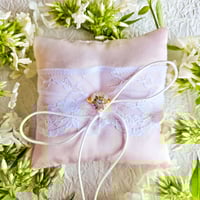 Image 1 of Pink Satin Ring Bearer Pillow with White Lace and Rose Accent
