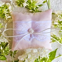 Image 2 of Pink Satin Ring Bearer Pillow with White Lace and Rose Accent