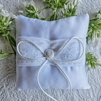 Image 2 of White Satin Ring Bearer Pillow with Layered Lace and Emblem Accent