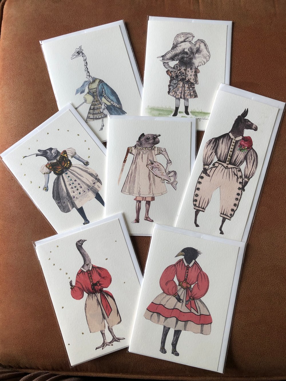 Image of SET#2 -  7 Blank Greeting Cards Exquisite Corpse Surreal Anthropomorphic Creatures 