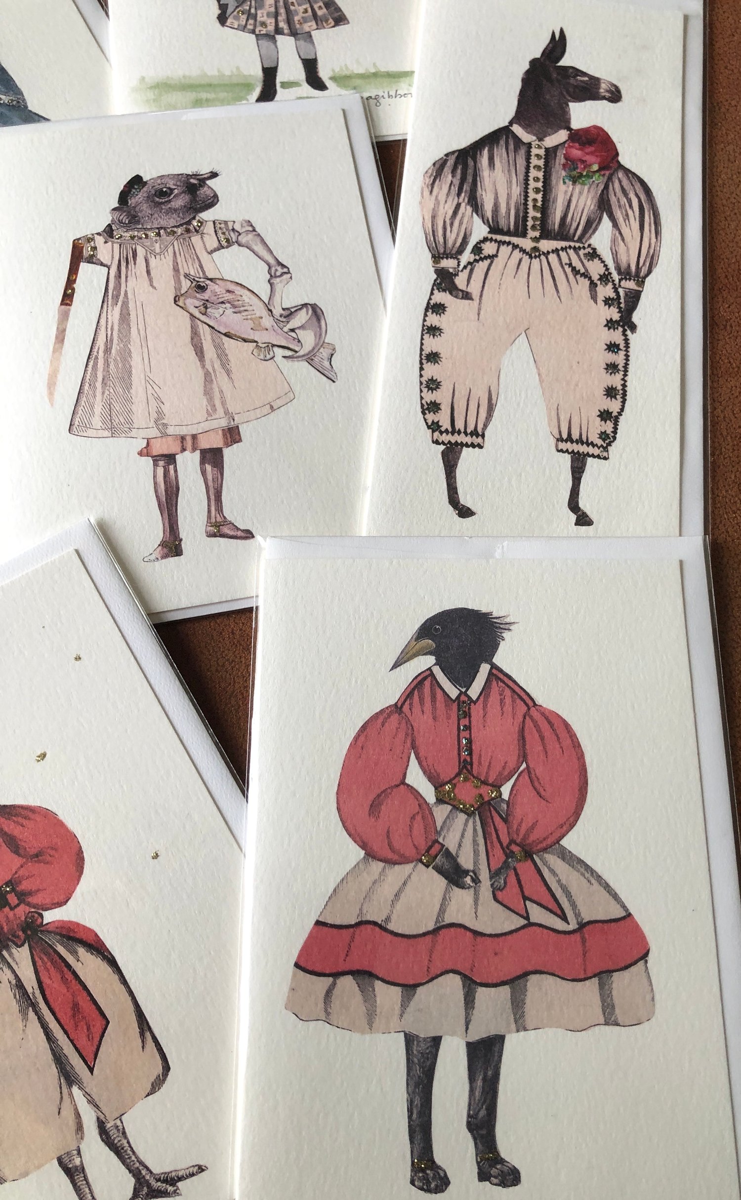 Image of SET#2 -  7 Blank Greeting Cards Exquisite Corpse Surreal Anthropomorphic Creatures 