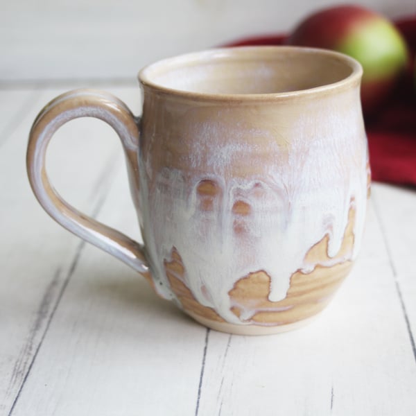 Image of Rustic White and Ocher Stoneware Mug, Dripping Glazes, Made in USA