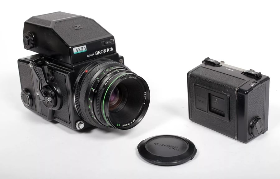 Image of Bronica ETRS 6X4.5 medium format camera w/ 75mm EII lens + AE II Prism + 2 backs