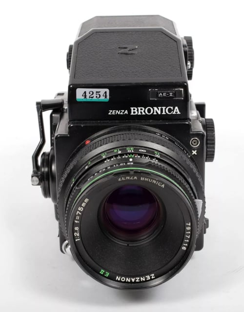 Image of Bronica ETRS 6X4.5 medium format camera w/ 75mm EII lens + AE II Prism + 2 backs #4254