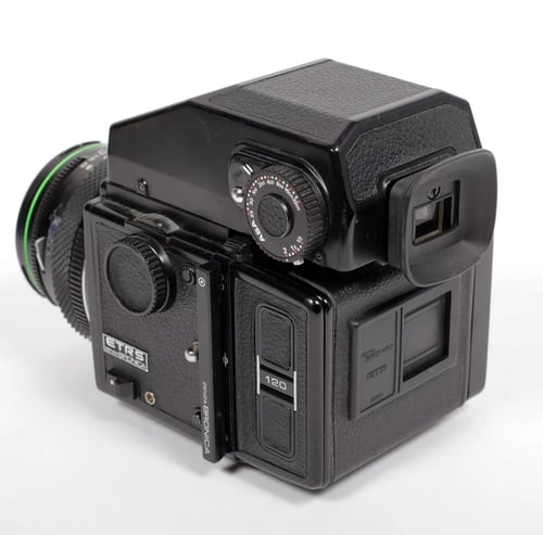 Image of Bronica ETRS 6X4.5 medium format camera w/ 75mm EII lens + AE II Prism + 2 backs #4254